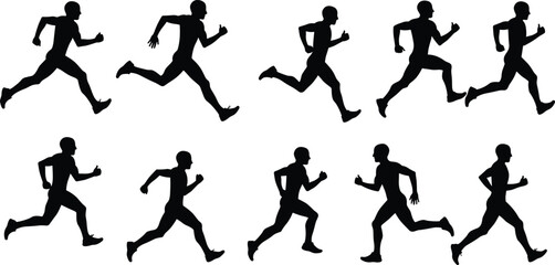 Running silhouette sequence showing athlete stride cycle, sports training, biomechanics motion, fitness exercise, human locomotion, dynamic posture illustration design artwork