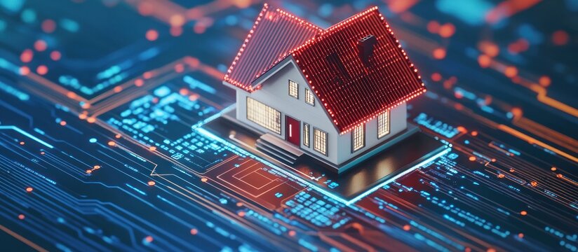 Miniature house with a red roof sits on a circuit board with digital lights - Powered by Adobe