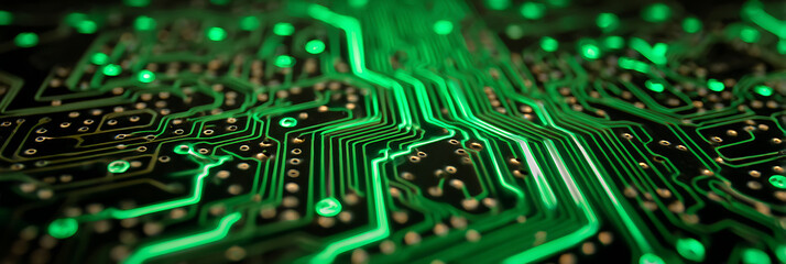 Obraz premium A glowing green circuit board with intricate pathways and components, representing technology, computing, digital data, and advanced electronic engineering. 