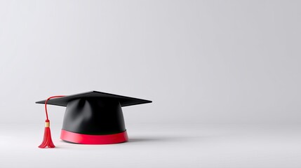 Black Graduation Cap with Red Band and Tassel on Minimalist Background for Academic Achievement Celebration