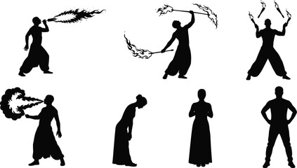 Silhouette fire performer breathing flames, fire dancing with batons, circus artist show, dramatic stage performance, festival entertainment illustration, fiery stunt art