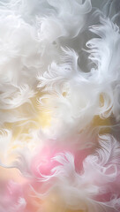 Ethereal Feather Whispers: Soft pastel filaments drift in gentle spirals, blending translucent white, pink, and yellow gradients into an abstract harmony.