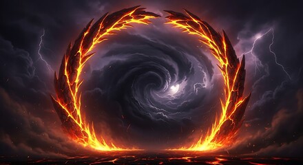 Fiery, swirling vortex within a ring of burning, rock-like material, set against a stormy, dark sky