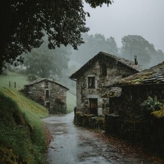 Stone buildings line a rain-swept path through a misty mountain village.
