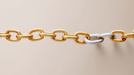 Obraz premium Interconnected Chain Links Displaying Unity with One Distinct Silver Link Against a Soft Beige Background