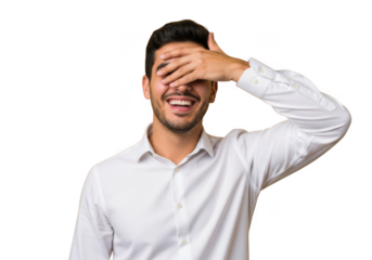 Joyful man covers eyes smiling happily in studio portrait white shirt black background isolated on transparent background