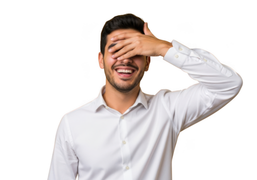 Joyful man covers eyes smiling happily in studio portrait white shirt black background isolated on transparent background
