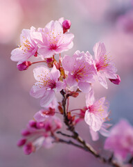 Obraz premium A close-up of the cherry blossom branches in the early morning
