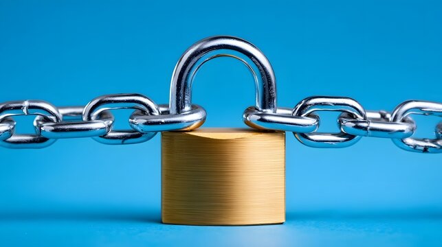 A sturdy metal padlock securely fastened to a chain, symbolizing restricted access and secure protection of resources or information.