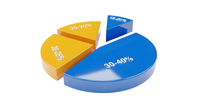 3d pie chart with segments showing percentages, isolated on transparent background