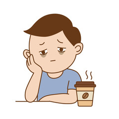 Man insufficient rest sitting rest the chin on the hand, illustration cartoon on white background