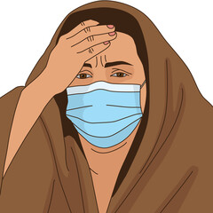 Man was sick touch forehead has cold wear mask, illustration cartoon on white background