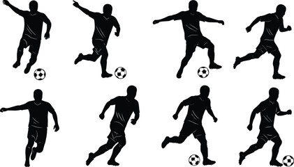 Soccer player silhouette, football action pose, kicking ball, running athlete, sports training, dynamic movement, black outline, competitive game, fitness, teamwork