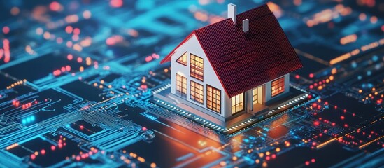 Miniature house model sitting on a glowing circuit board, symbolizing smart home technology