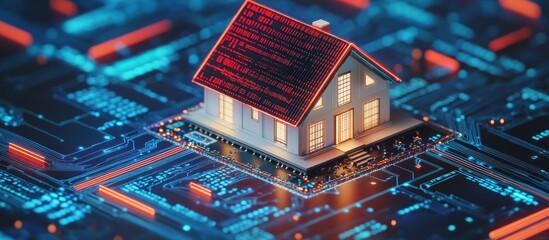 A house sits atop a circuit board, with digital red data on the roof, a futuristic design