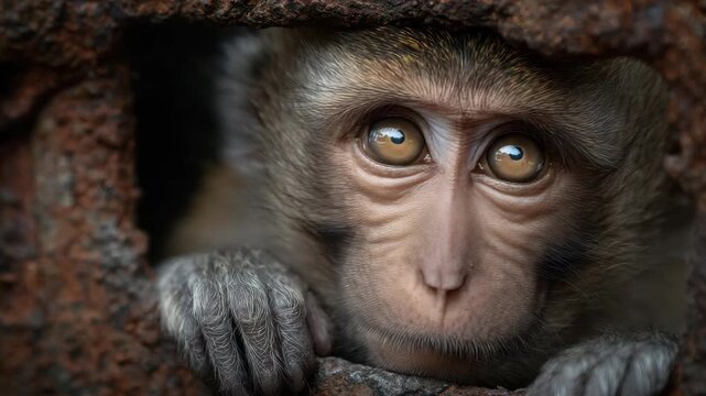 A young monkey looks out from a hole in a weathered wall, its big eyes reflecting curiosity. The close-up captures its delicate features and soft fur, creating a moment of connection in nature