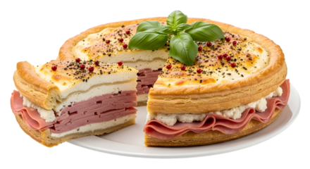 Savory layered pie with ham, cheese, and pastry, isolated on transparent background