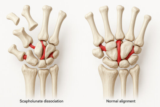 Anatomical comparison of scaphoslunato dissociation in the wrist to normal alignment, showcasing bone and ligament structure with detailed medical illustration.