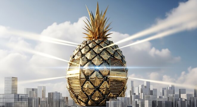 Futuristic Golden Pineapple Structure Above Modern Cityscape; Bright, Optimistic, Conceptual.