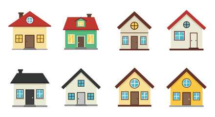 Colorful cartoon houses in various styles are presented in a flat design