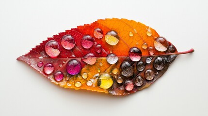 Close-Up of a Colorful Autumn Leaf with Water Drops on a Light Background Ideal for Nature and Seasonal Themes