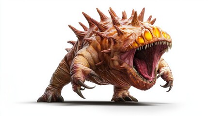 Realistic 3D Rendering of a Fantasy Creature with Spikes and Sharp Teeth on a White Background