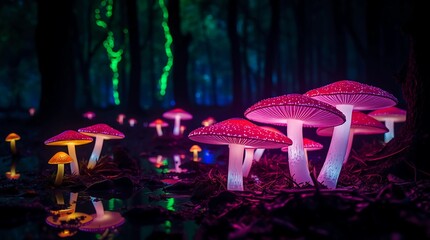 Glowing neon mushrooms in mystical forest with bioluminescent light&rdquo;

