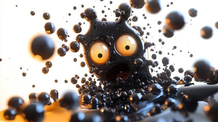 Playful 3D character surrounded by glossy black spheres, showcasing surprise and emotion in a vibrant abstract environment