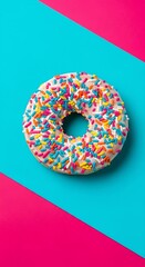Vibrant Sprinkled Donut on Bold Pink and Teal Background: Sweet Treat Stock Photo