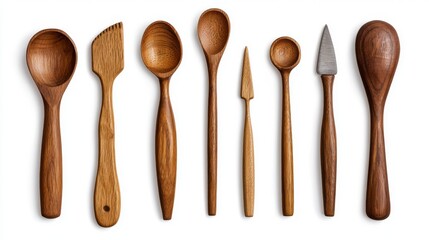 A Diverse Collection of Handcrafted Wooden Kitchen Utensils Ideal for Cooking and Serving in Home and Restaurant Settings