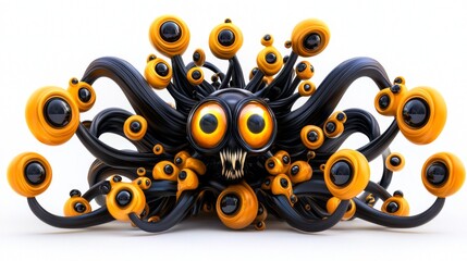 Colorful abstract creature with large eyes and multiple tentacles on a white background, featuring vibrant orange and black design