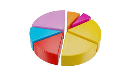 Colorful 3d pie chart with seven slices, isolated on transparent background