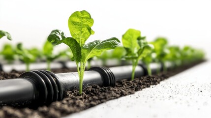 Close-Up of Young Green Plants Growing Along Drip Irrigation Pipes in Soil on Farm or Greenhouse Setting