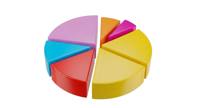 Colorful 3d pie chart with seven slices, isolated on transparent background