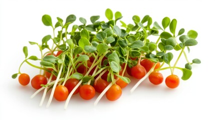 Fresh Microgreens with Bright Red Cherry Tomatoes on a White Background for Healthy Eating and Culinary Inspiration
