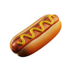 Realistic 3D illustration of an iconic American hot dog with a juicy sausage in a toasted bun, decorated with a classic wavy line of yellow mustard sauce