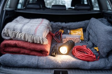 Winter travel essentials neatly arranged in car trunk with cozy blankets and snacks. Winter car emergency kit laid out in trunk--blanket, jumper cables, flashlight, ice scraper, snacks