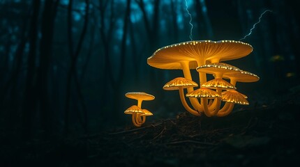 &ldquo;Glowing electrography mushrooms in mystical forest with bioluminescent light&rdquo;Fantastic Frontiers Digital Artwork series ar 16:9

