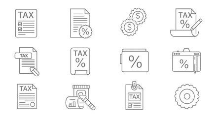 Tax forms money and financial documents in outlined icon set