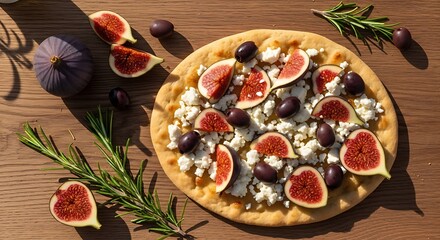 Flatbread topped with feta cheese, figs, and olives, surrounded by fresh rosemary sprigs and fig slices, on a wooden surface