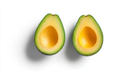 Freshly Cut Avocado Halves on White Background with Bright Yellow Flesh and Green Skin for Healthy Eating Concept