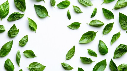 Fresh Green Basil Leaves on White Background for Culinary and Natural Concepts with Vibrant Color and Texture