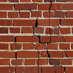 Fototapeta premium Photo of a weathered red brick wall shows a prominent vertical crack running through its center, revealing texture and age