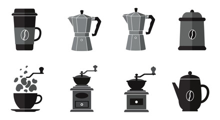 Various coffee brewing methods and accessories in a flat vector style