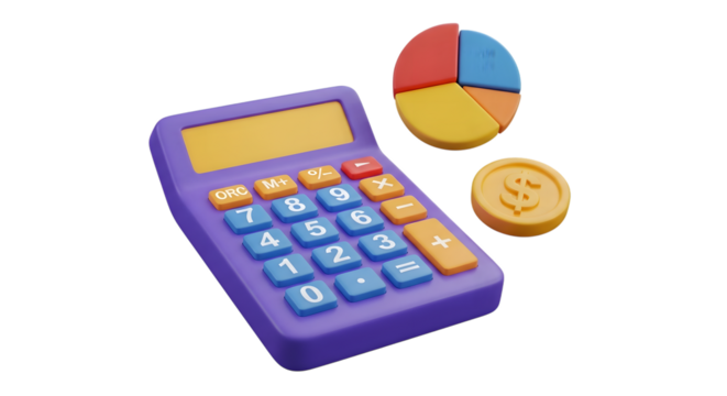 3d illustration of a purple calculator with a pie chart and a coin, isolated on transparent background