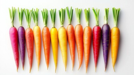 Vibrant Assortment of Freshly Harvested Carrots in Various Colors Arranged Neatly on White Background