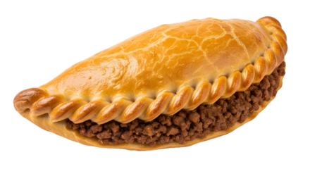 Golden brown baked empanada filled with savory ground meat, isolated on transparent background