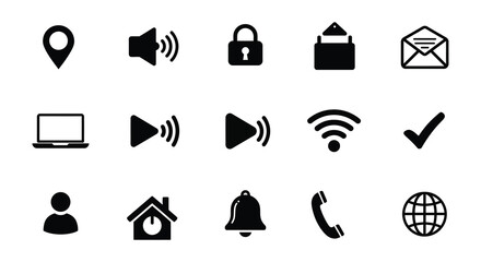 Collection of simple black interface icons for mobile and web design