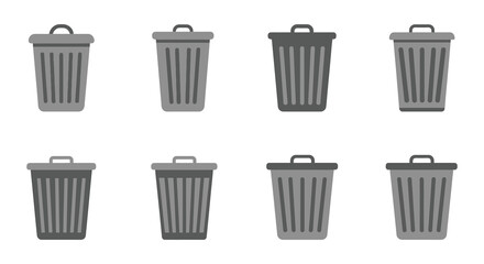 Collection of eight gray trash cans arranged in a grid pattern