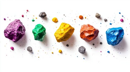 Colorful rocks on white background with scattered paint and small stones for artistic and creative projects or designs